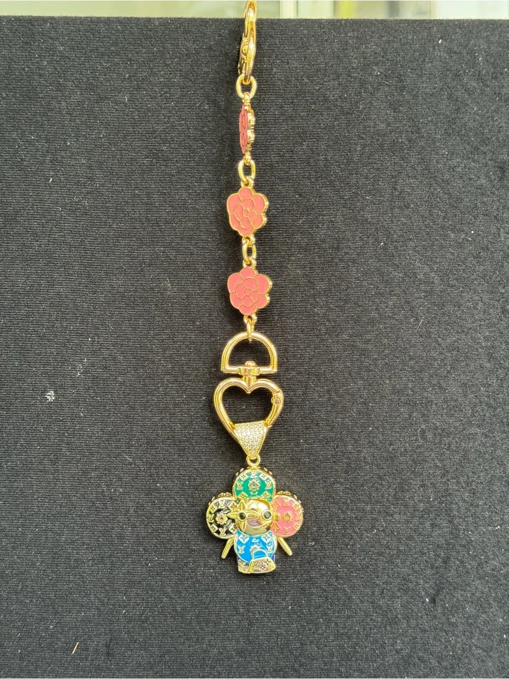 NWOT Gold Monogram Multicolor Mascot Bag Charm Extender Pink Camellia Key chain
